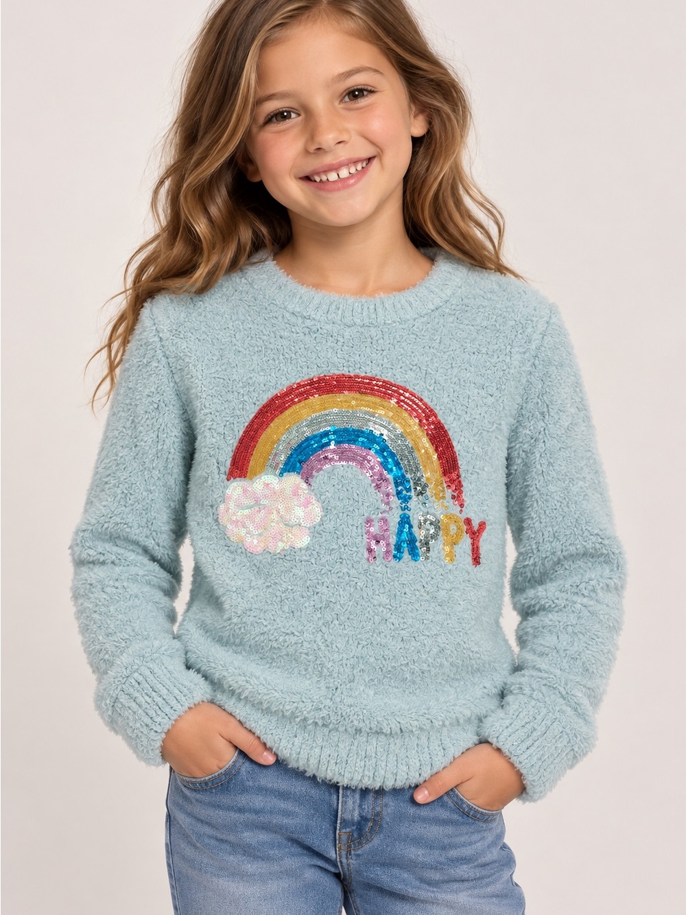 Justice Light Blue Fuzzy Sweater with Sequin Rainbow